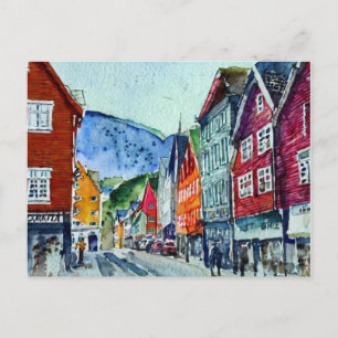 bryg gen bergen norge gatuvattenfärg vykort