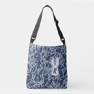 Brygga blå kanin Doodle Mönster Purse Monogram  Axelväska