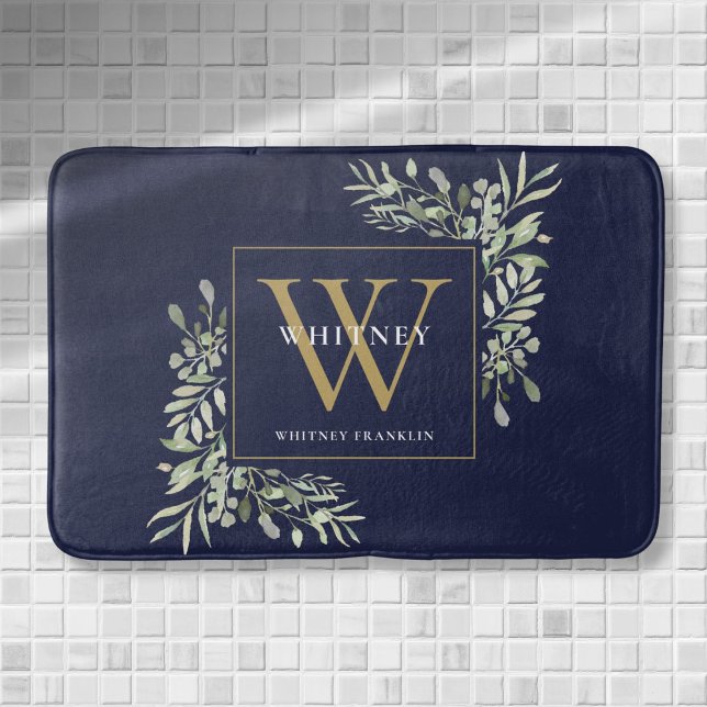 Brygga blå och Guld monogram Greenery Löv Badrumsmatta (Navy Blue And Gold Monogram Greenery Leaves Bath Mat)