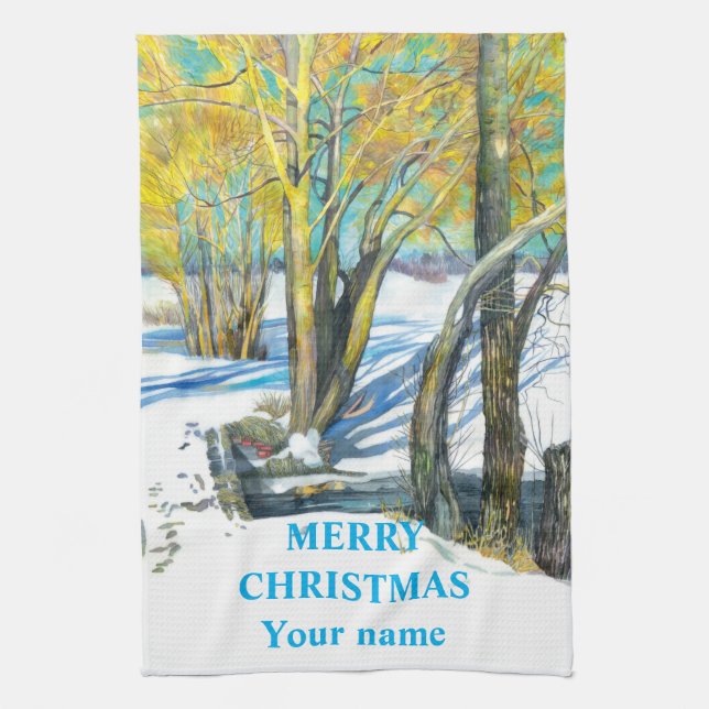 Brygga i vinterfärgmålning för vattenfärg kökshandduk (Vertikal)