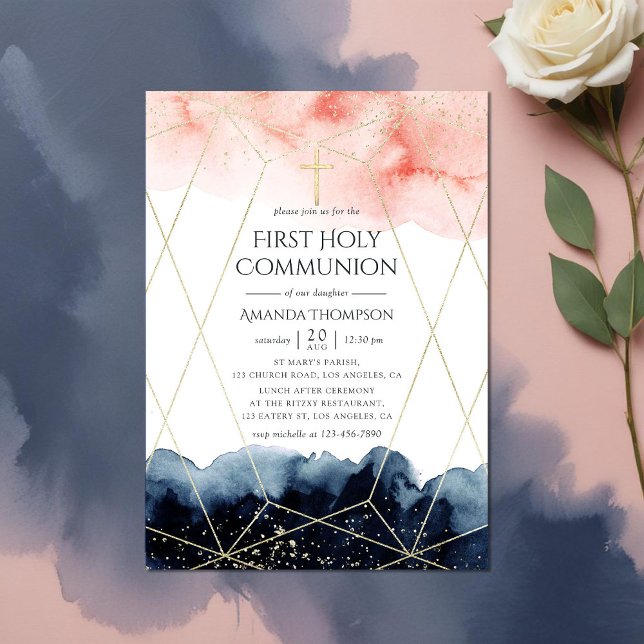 Brygga och  vattenfärgsgeometriska Heligor Inbjudningar (First Holy Communion invitation)