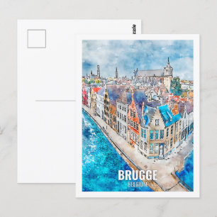 Brygge Belgien Resa Plats Akvarell Vykort