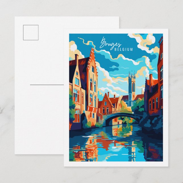 Brygge Belgium vintage resor illustration Vykort (Fram/baksida)