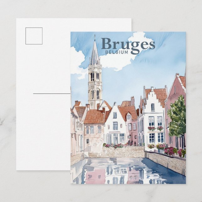 Brygge Belgium Watercolor Painting Travel Vykort (Fram/baksida)