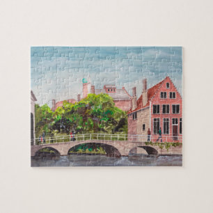 Brygge Watercolor Painting by Farida Greenfield Pussel