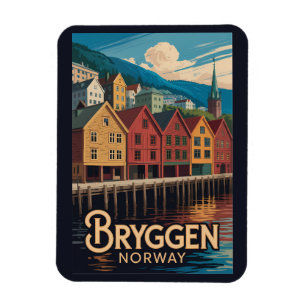 Bryggen Norge Illustration Resa Konst Bergen Magnet
