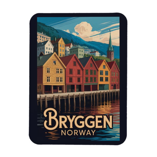 Bryggen Norge Illustration Resa Konst Bergen Magnet (Vertikal)