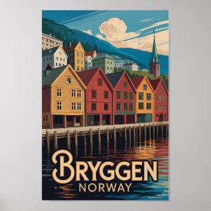 Bryggen Norge Illustration Resa Konst Bergen Poster