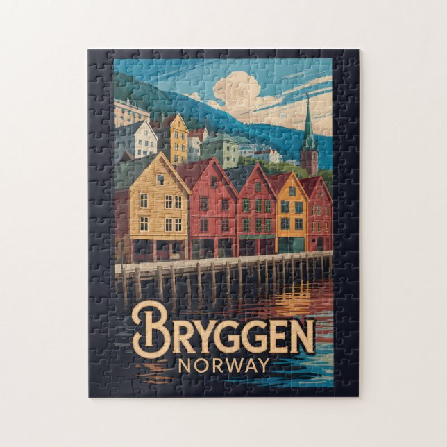 Bryggen Norge Illustration Resa Konst Bergen Pussel (Vertikal)