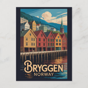 Bryggen Norge Illustration Resa Konst Bergen Vykort