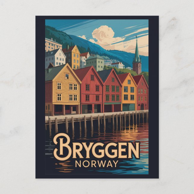 Bryggen Norge Illustration Resa Konst Bergen Vykort (Framsida)