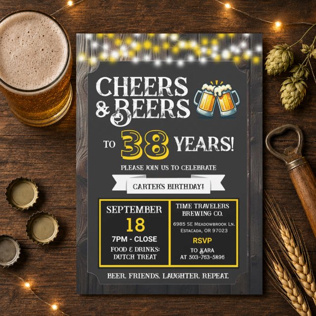 Bryggeri Födelsedags Cheers och Öl till 38 År Inbjudningar (Skapare uppladdad)