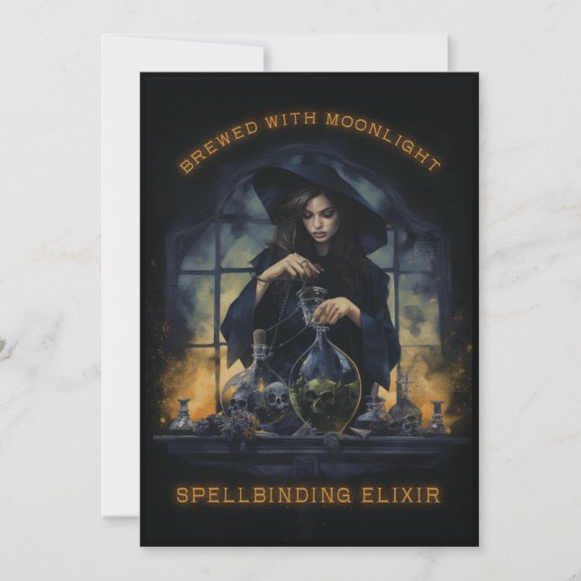 Bryggt Med Månsken Häxa Halloweenfest Julkort (Framsida)