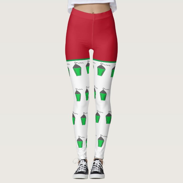 Bryn Mawr Lantern Red-Grönten Julbalkar Leggings (Framsida)