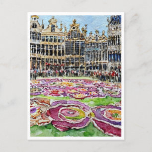 Bryssel Belgien Blomster Matta Akvarell Målning Vykort