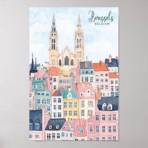 Bryssel Belgien Gouache Paint Illustration Travel Poster