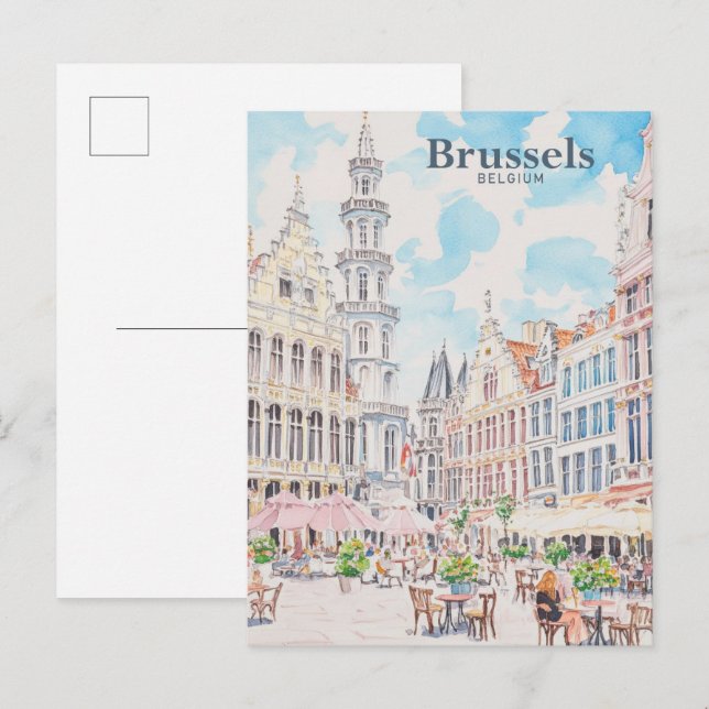 Bryssel Belgien Gouache Paint Illustration Travel Vykort (Fram/baksida)