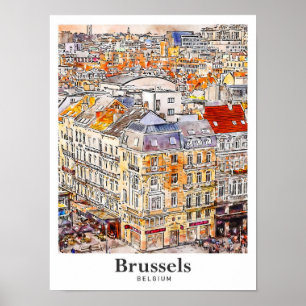 Bryssel Belgien Travel Watercolor Hand plockade Poster