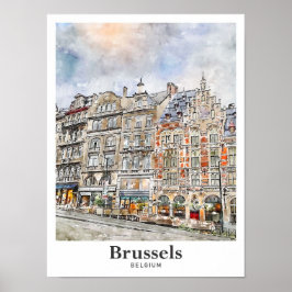 Bryssel Belgium Art Travel Watercolor Hand plockad Poster