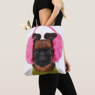Bryssel Griffon med rosa öronskydd Tygkasse