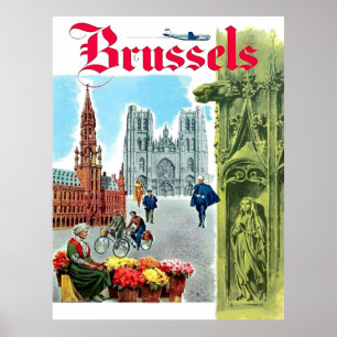 Bryssel, stadskärna, Belgien. Vintage resor Poster