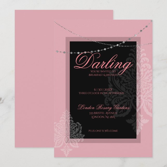 Bryt och brunch rosa och svart inbjudningar (Fram/baksida)