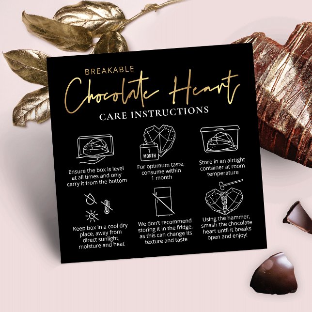 Brytbar Chocolate Heart Care Guide Black & Guld Fyrkantigt Visitkort (Black and gold breakable chocolate heart care instructions cards with space for your logo)