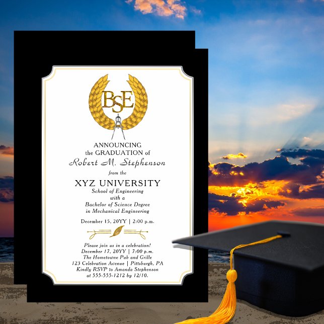 BSE - kandidatexamen i teknisk utbildning Inbjudningar (Elegant "BSE" Engineering Graduate Graduation Announcement and Party Invitation - Print | Download)