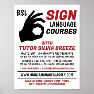 BSL, okej Gesture, signera språkkursreklam Poster
