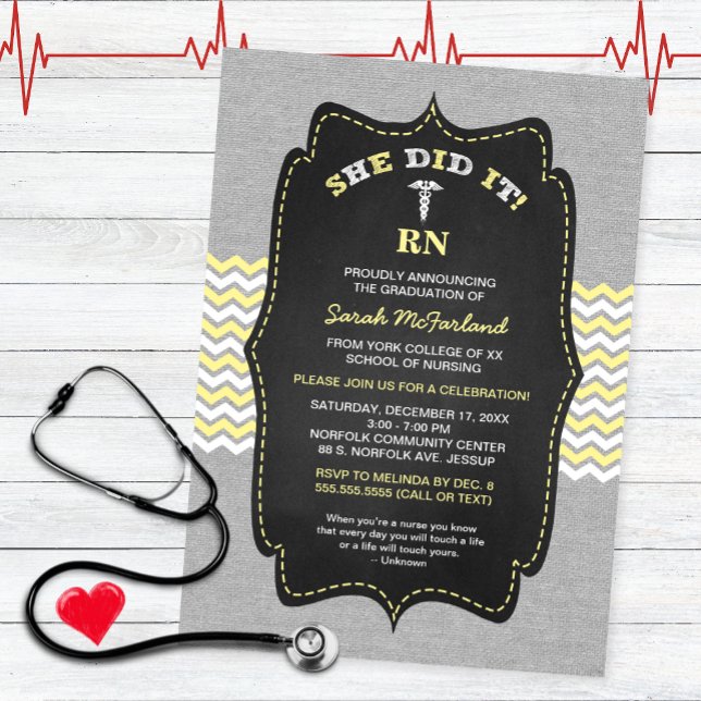 BSN Nurse studenten inbjudan, gult chalkboard Inbjudningar (Skapare uppladdad)