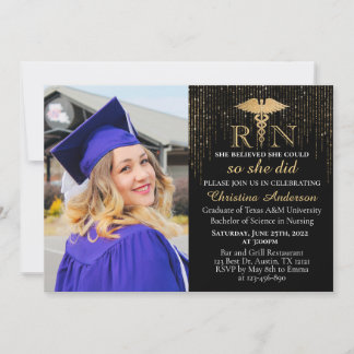 BSN RN Guld Glitter Omvårdnad Foto Examen Fest Inbjudningar
