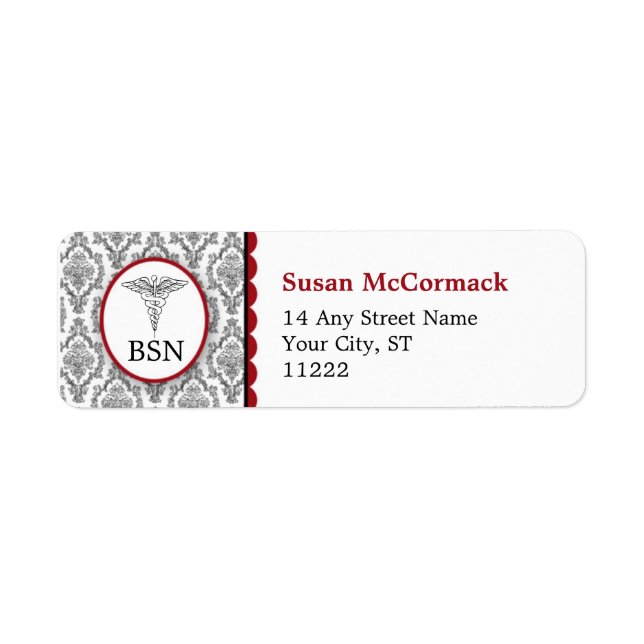 BSN RN LPN Damask Caduceus Black Burgundy Returadress Etikett (Framsidan)
