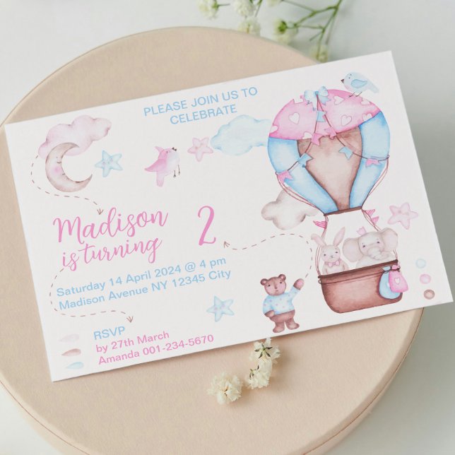 Bubballong för Cute Birthday Blue Rosa Vattenfärgs Inbjudningar (Cute Birthday Blue Pink Watercolor animals balloon Invitation)