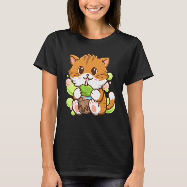 Bubbel Tea Katt Boba Te Drunkare Tapioca Kulor kat T Shirt (Framsida)