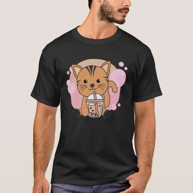 Bubbel Tea Katter med Choklad Tea Söt Katt T Shirt (Framsida)