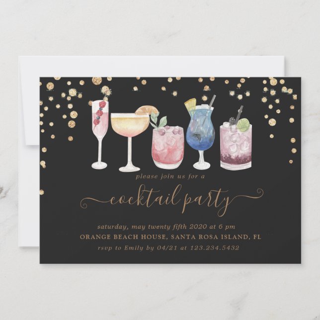 Bubbelcocktails guld och glitter cocktail party inbjudningar (Framsida)