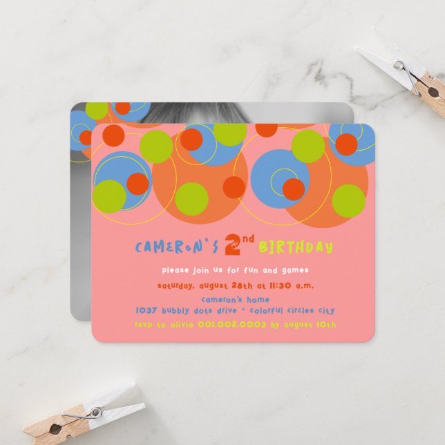 Bubbelfärgade punkter Kid Photo Girl Födelsedagsfe Inbjudningar (Fram/Back In Situ)