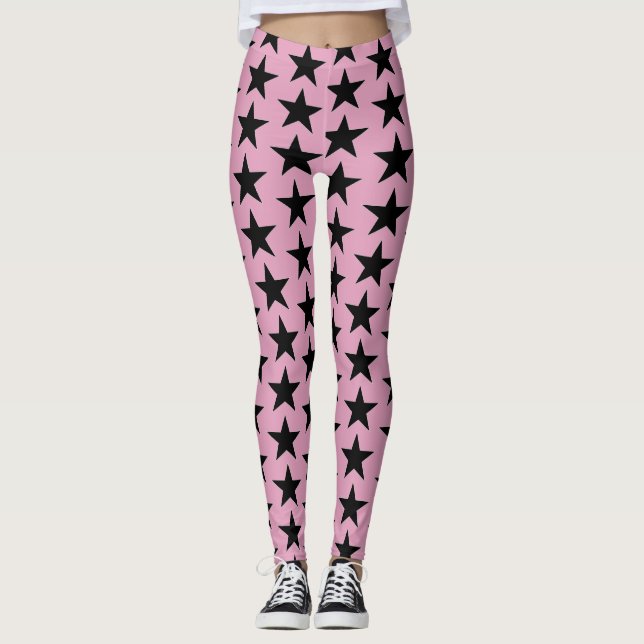 Bubbelgum-Rosa med svarta stjärnor Leggings (Framsida)