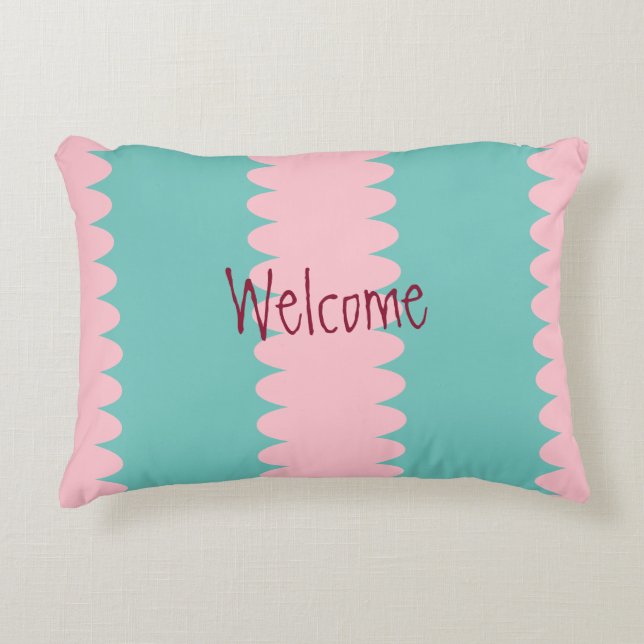 Bubbelgum rosa och teal, söt, välkommen, din text prydnadskudde (Framsidan)