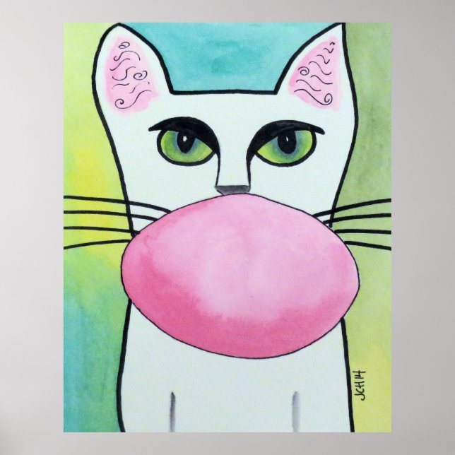 Bubbelgummikatt i Grönt Originalkonst Poster (Framsidan)