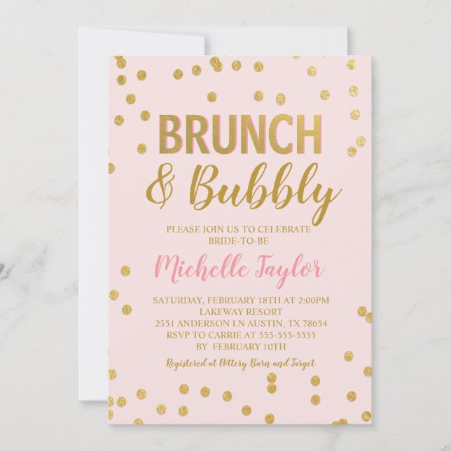 Bubbelinbjudan till Brunch & Bubly | Rosa och Guld Inbjudningar (Framsida)