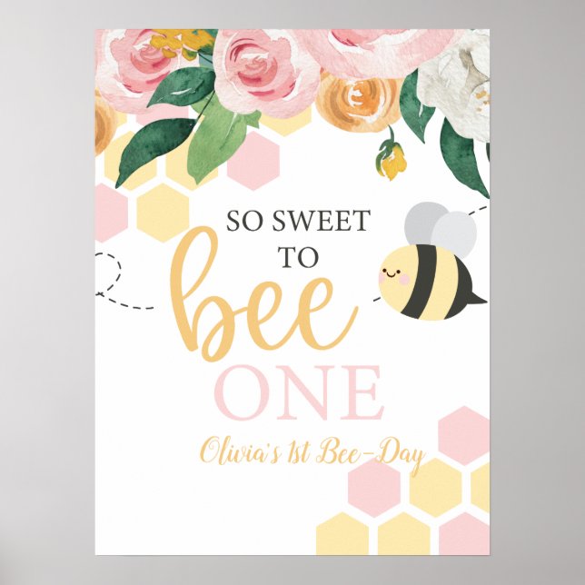 Bubbla födelsedags humla 1-års pink floral poster (Framsidan)