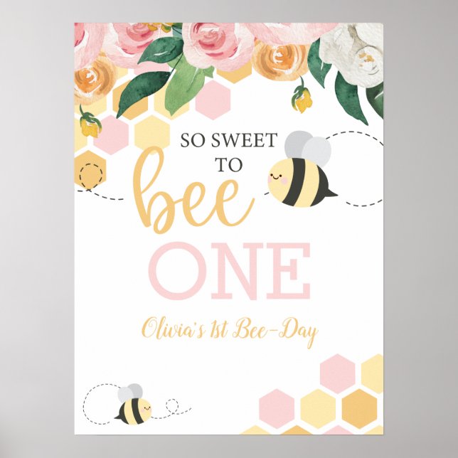 Bubbla födelsedags humla 1-års pink floral poster (Framsidan)