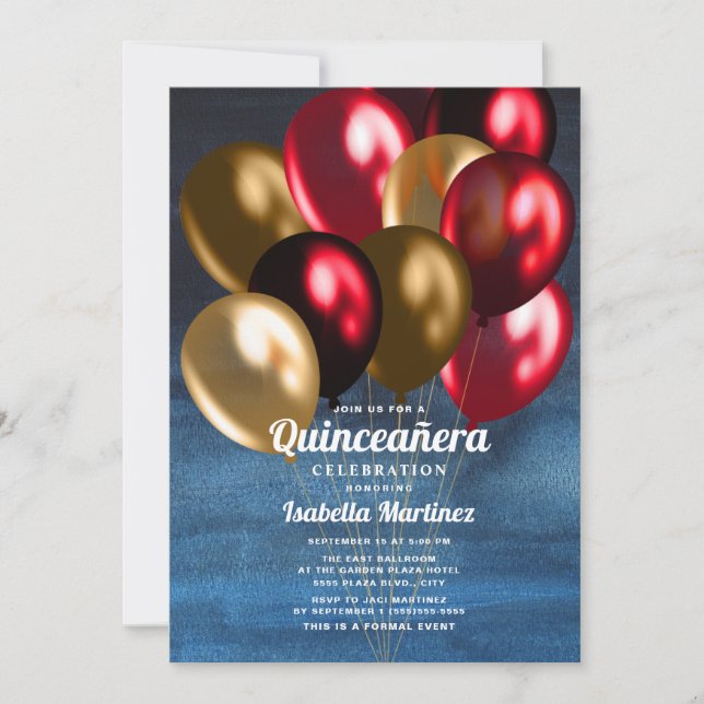 Bubblaj Red Guld Balloons Quinceañera Inbjudningar (Framsida)