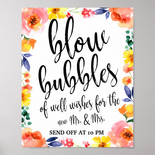 Bubblar Avskeds Färgglada Blommig 8x10 Bröllopssky Poster (Framsidan)
