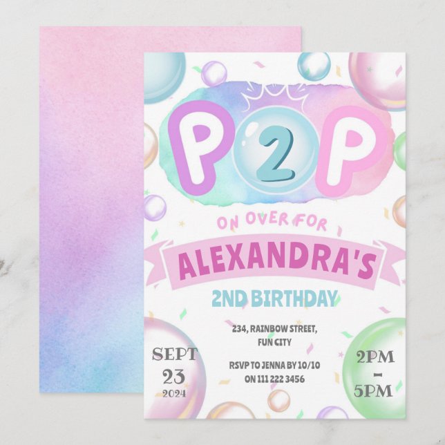 Bubblar födelsedag över unga flickor 1:a andra och inbjudningar (Fram/baksida)