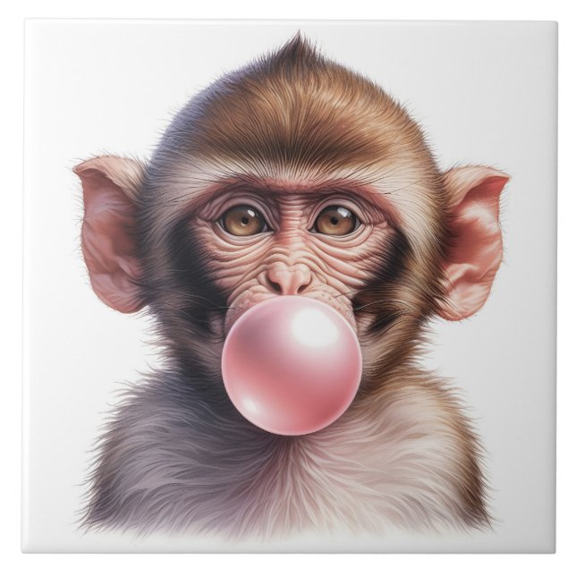 Bubblar för bubbelgum från Cute Monkey-bloss Kakelplatta (Framsidan)