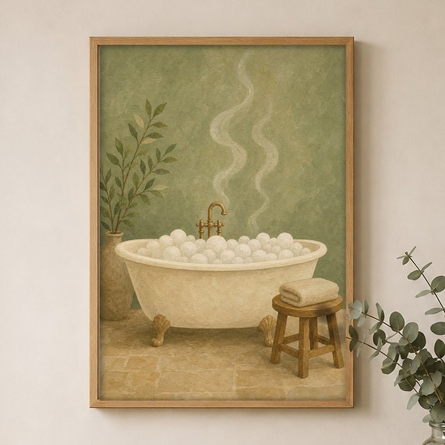 Bubble Bath Clawfoot Watercolour Farmhouse Affisch (Shown framed for scale. Poster ships unframed; frames are an optional add-on.)