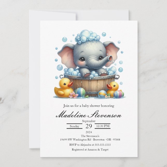 Bubble Bath Elephant Theter Baby Shower-inbjudan Inbjudningar (Framsida)