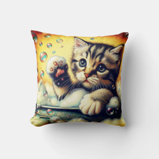 "Bubble Bath Kitten - Whimsical Bath Time Art" Kudde
